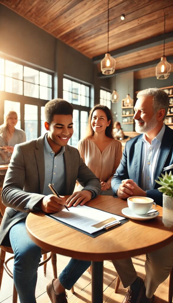 Business owner signing contract in cafe.