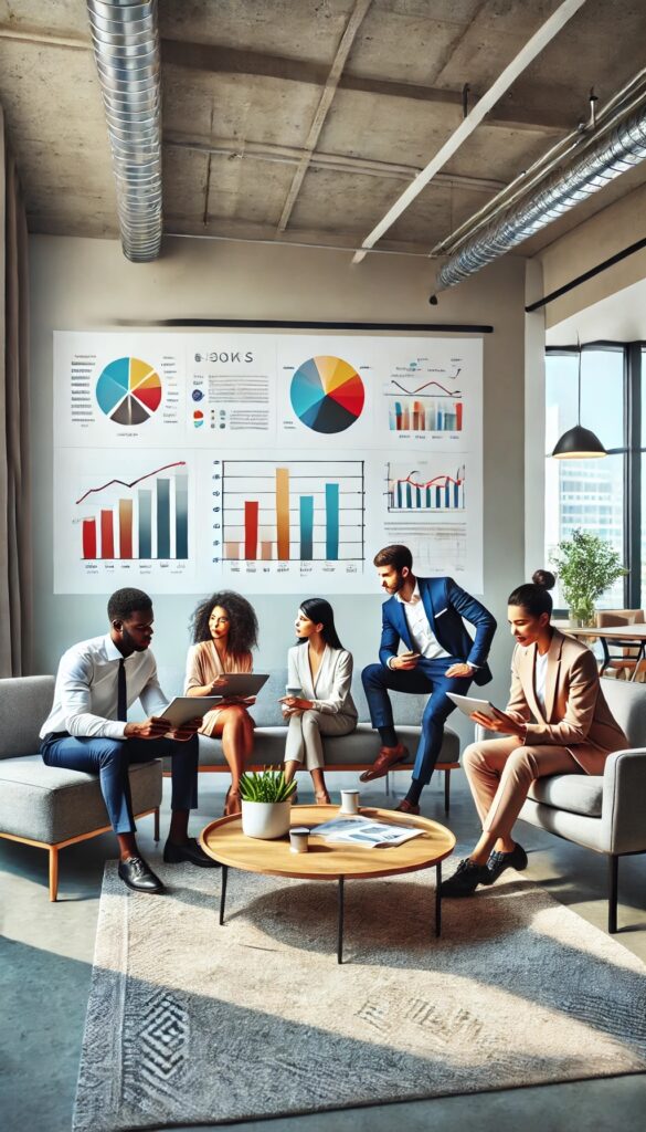 A diverse group of professionals collaborating in a bright office lounge setting